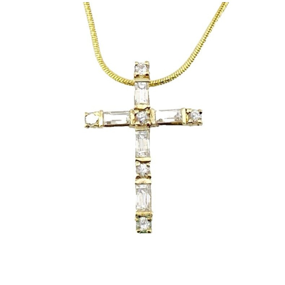 Vintage Gold Vermeil Baguette CZ Cross on Danecraft 925 Snake Chain
